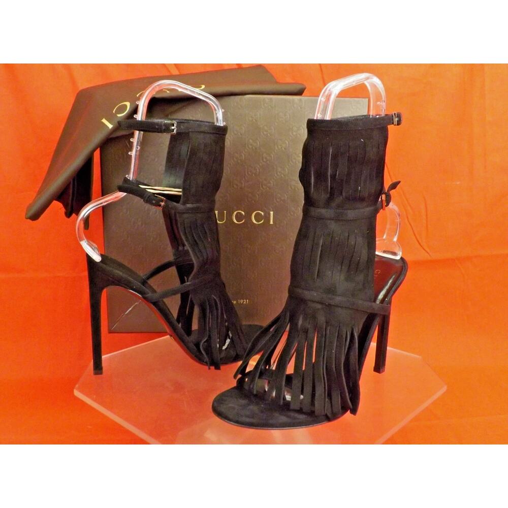 NIB GUCCI BLACK SUEDE FRINGE BECKY GLADIATOR HEEL TALL SANDALS 34 ITALY